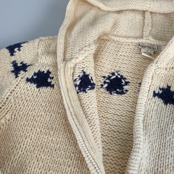 Vintage Aeropostale 100% Wool Hooded Zip-up Ski Sweater Hand Knit Size Medium - Picture 9 of 14